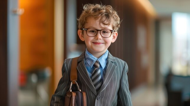 Confident Child Businessman in Pinstripe Suit Posing with Briefcase in Modern Corporate Setting