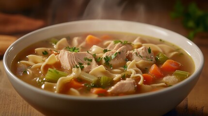 Photo of, A steaming bowl of hearty chicken noodle soup brimming with tender chunks of chicken, carrots