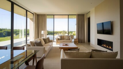 A living room with a couch, a table, and a plant in the corner and interior design concept.
