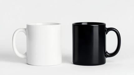 Two coffee mugs, one white and one black, are placed side by side against a plain background, showcasing their contrasting colors and simple design.