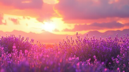 Naklejka premium Breathtaking Sunset Over Lavender Fields with Vibrant Colors and Soft Clouds Casting a Serene Atmosphere for Relaxation and Nature Appreciation