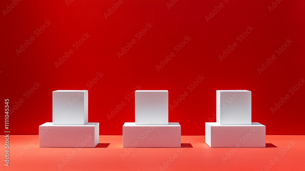 Poster three white geometric shapes displayed against a vibrant red background in a modern art setting