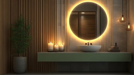 Elegant Modern Bathroom with Circular Mirror and Relaxing Atmosphere