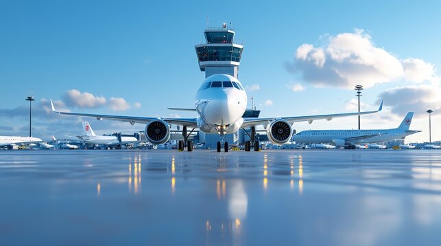 Ready for takeoff airplane on wet runway