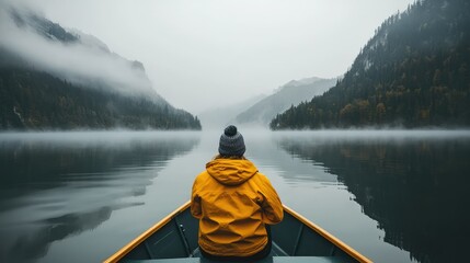 Serene View of a Man in a Yellow Rain Jacket in a Canoe on a Misty Lake Surrounded by Lush Green Mountains in Foggy Weather
