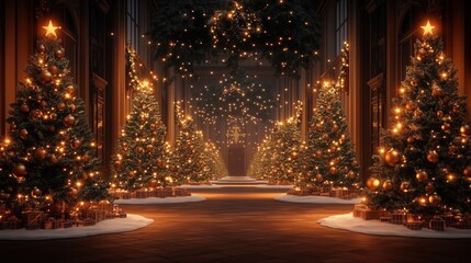 3D rendered Christmas trees and ornaments creating a festive and elegant holiday atmosphere.