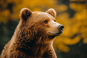 Obraz premium Brown Bear in the Rain Golden Autumn Background
