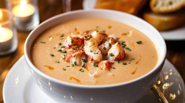 Photo of, A sumptuous bowl of creamy lobster bisque garnished with chunks of tender lobster meat and a sprinkle of fresh chives, Bisque bowl centered