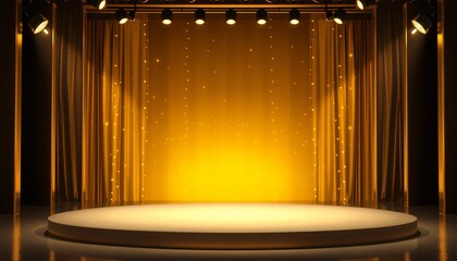 Glowing spotlight illuminates a star-studded stage curtain, a magical night of theater and holiday cheer