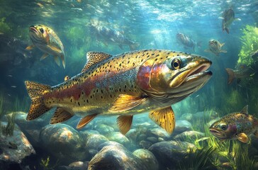 Fototapeta premium Underwater Scene Featuring Colorful Trout Swimming Among Rocks and Aquatic Plants in a Clear Freshwater Environment