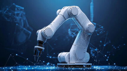 Robotic industrial laser. A low-poly construction of interconnected lines and dots. Blue background.