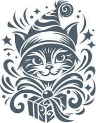 Cute holiday cat with a ribbon wrapped gift vector engraving ideal for festive invitations and promotional materials