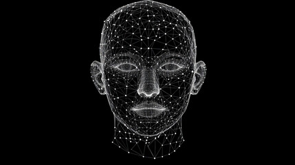 Face recognition technology. Vector 3d geometric wireframe of human head on dark blue background with network of connecting dots and lines, symbolizing face scan, digital connections and security
