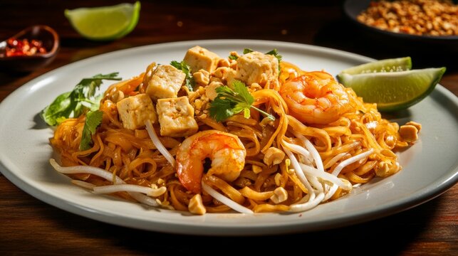 Photo of, A tantalizing plate of pad thai noodles tossed with shrimp, tofu