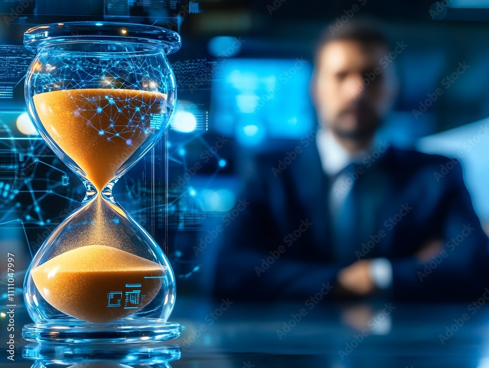 Poster Close-Up of an Elegant Hourglass with Sand Flowing in a Modern Digital Environment Representing Time Management and Business Strategy in a Futuristic Office Setting