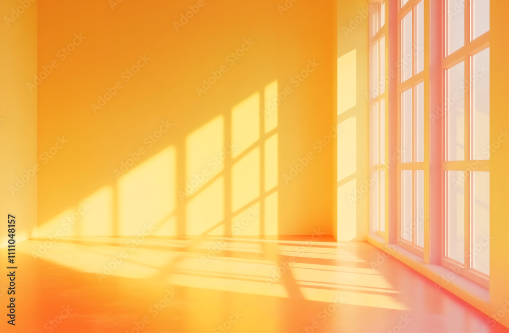 Poster bright room with golden sunlight streaming through large windows in a serene atmosphere
