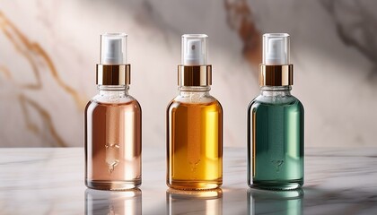 Three bottles of skincare serum in rose gold, amber, and teal.