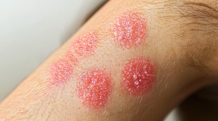 Fototapeta premium Close-Up View of Psoriasis Plague on Human Skin Showing Red, Raised, Scaly Lesions with a Focus on Texture and Detail for Dermatological Reference