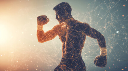 Man boxer doing shadow boxing from lines, triangles and particle style design. Illustration vector