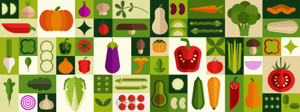Fototapeta Food icon. Healthy farm pattern, fresh supermarket products like cucumber, salad and pumpkin. Simple green market Bauhaus style pattern. Cartoon geometry ornament. Vector mosaic background