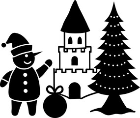 Snowman building a tiny snow castle beside a Christmas tree
