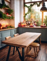 Rustic wooden dining table in a cozy kitchen, decorated for Christmas.