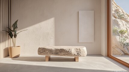 Sunlit Minimalist Interior with Stone Bench and Plant