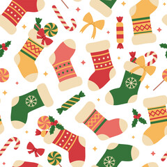 Seamless pattern with colorful Christmas stockings on white background. Holiday gift socks with candies, lollipops and candy canes. Vector flat illustration for wallpaper, textile, packaging