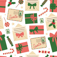Santa Claus mail seamless pattern. Christmas envelopes, letters, postage stamps, gift boxes and sweets. Holiday delivery. Vector flat illustration for wallpaper, textile, packaging