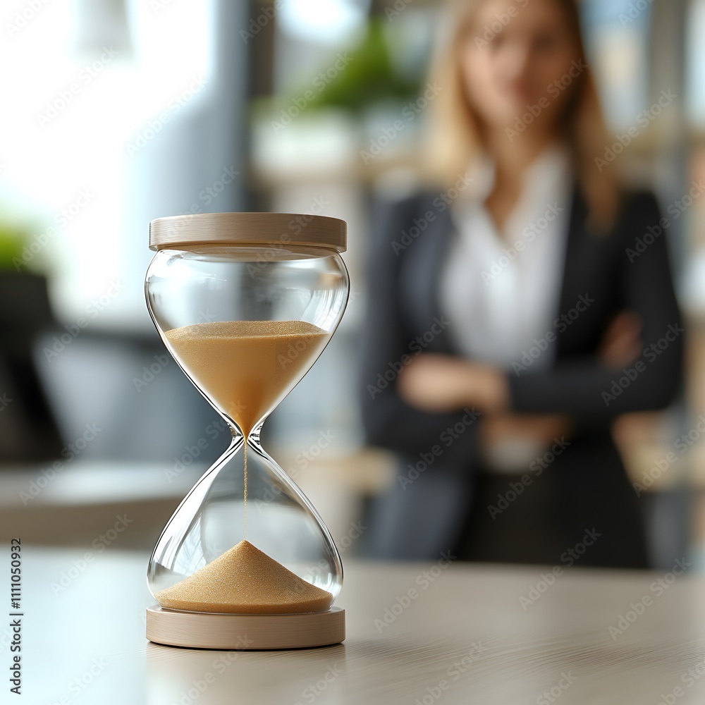 Poster Elegant hourglass on a desk symbolizing time management and productivity in a modern office setting with a blurred background of a business professional