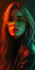 Fototapeta premium Woman With Stylish Sunglasses Posing Confidently in an Artistic Lighting Setup During a Vibrant Evening