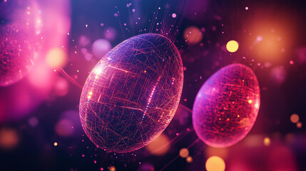 Easter egg technology particles design. Neon explosion splash surface shapes design. Modern holiday cyber light data science vector.