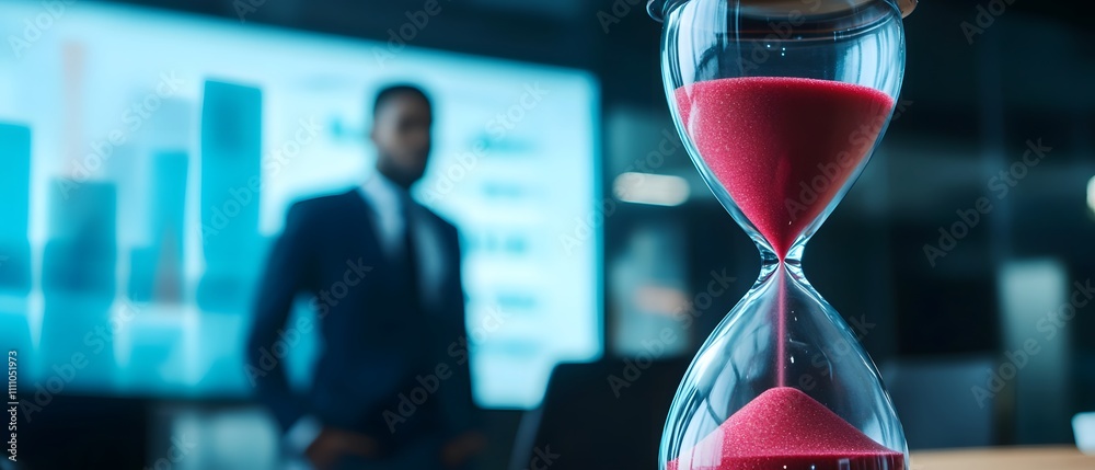 Aufkleber A business professional holds an hourglass in focus, symbolizing time management and deadlines in a modern office setting with graphs in background.