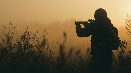 Silhouette of a Soldier with a Rifle Against a Misty Sunrise Landscape in a Calm and Serene Environment Highlighting Focus and Determination in Nature