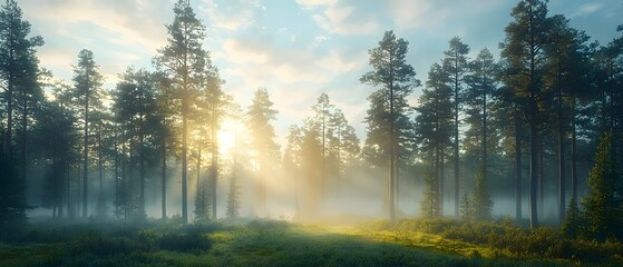 A serene morning in a forest, featuring tall pine trees surrounded by soft mist and golden sunlight filtering through the branches, creating a peaceful atmosphere.