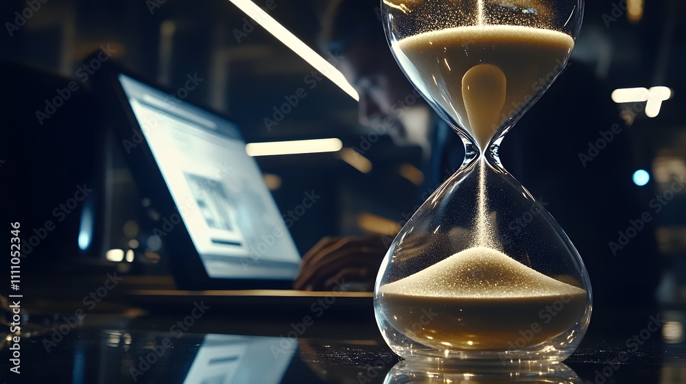 Poster Close-Up of an Hourglass with Flowing Sand Capturing the Essence of Time Management in a Business Environment with Laptop in Background