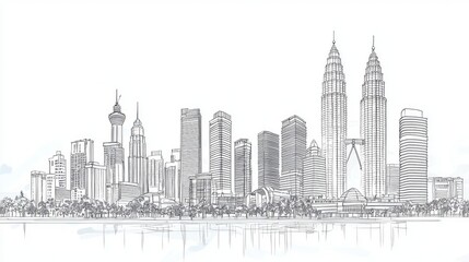 Fototapeta premium Detailed Sketch of Kuala Lumpur Skyline Featuring Iconic Landmarks and Modern Architecture in a Minimalist Style for Urban Culture Designs and Illustrations