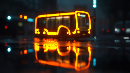 3d rendering wireframe digital techno neon glowing symbol of bus from front view with shining dots on black background with blured reflection on floor