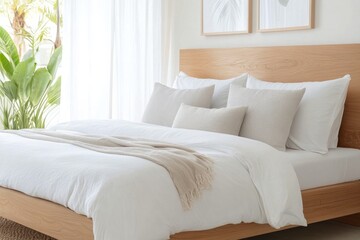 Obraz premium Cozy and modern bedroom featuring a wooden bed and natural decor