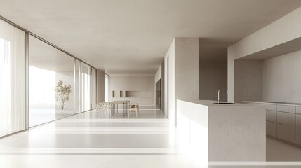 Spacious Modern Minimalist Home Interior with Bright Natural Light and Open Floor Plan Featuring a Sleek Kitchen and Dining Area in a Serene Atmosphere