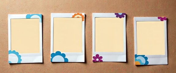 Four white and blue framed pictures with flowers on the edges. The pictures are on a brown surface