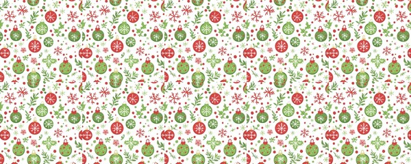 seamless pattern of Christmas  red green ornaments snowflakes festive winter holiday design 
