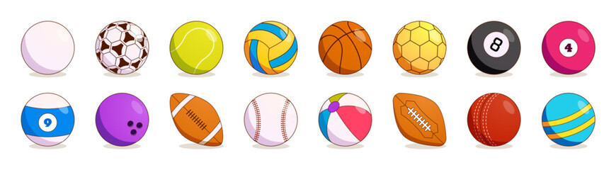 Obraz premium Sport ball. Basketball, soccer, tennis or cricket game. For colorful volleyball, baseball or bowling. Various golf or hockey. Different games equipment. Vector cartoon flat isolated illustration