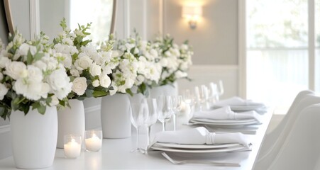 Fototapeta premium Elegant floral arrangement enhances dining experience at a bright celebration event