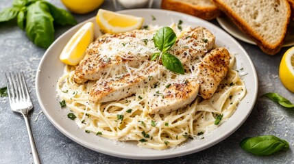 Photo of, A tempting plate of chicken Alfredo pasta topped with grated Parmesan cheese and freshly cracked black pepper, Chicken Alfredo plated elegantly with garlic bread on the side