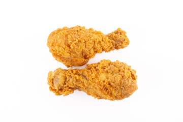 Delicious and crispy fried chicken legs on white background