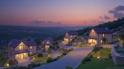 Cozy Stone Houses in Serene Landscape Under Twilight Sky