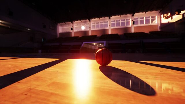 A basketball ball rests on top of a smooth hardwood floor in an empty basketball court.