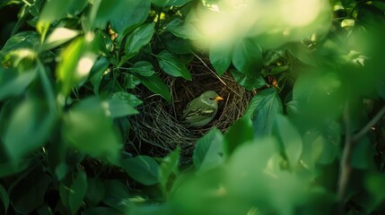 Obraz premium Return of Spring: A Serene Bird Nest Surrounded by Lush Green Leaves, Capturing the Beauty of Nature and the Wonder of New Life in a Peaceful Environment