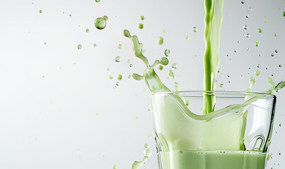 food and beverage photography, close-up shot of matcha green tea latte in a glass against a white background with space for text or design